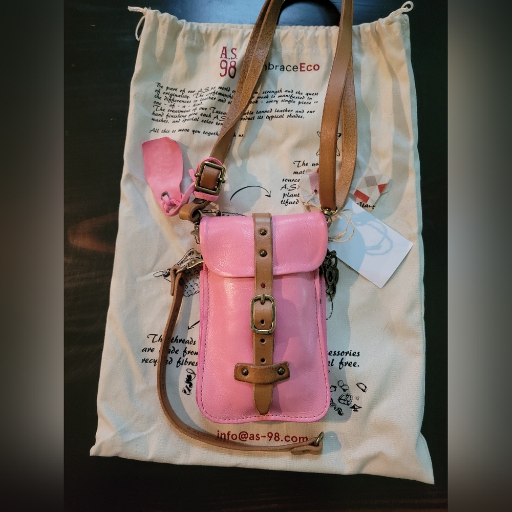 A.S.98 Pink Leather Crossbody Bag with Tan Strap and Buckle